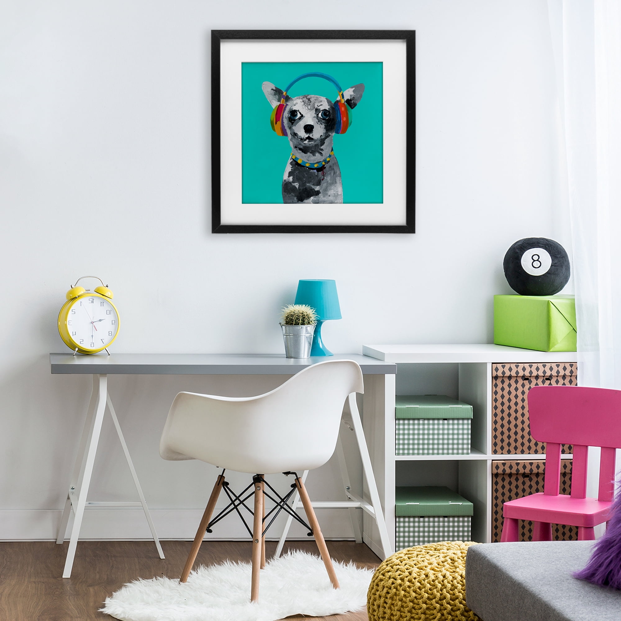 Stupell Industries Jammin' Pup on Blue Black Framed Print Under Glass, design by Lorenzo Collective