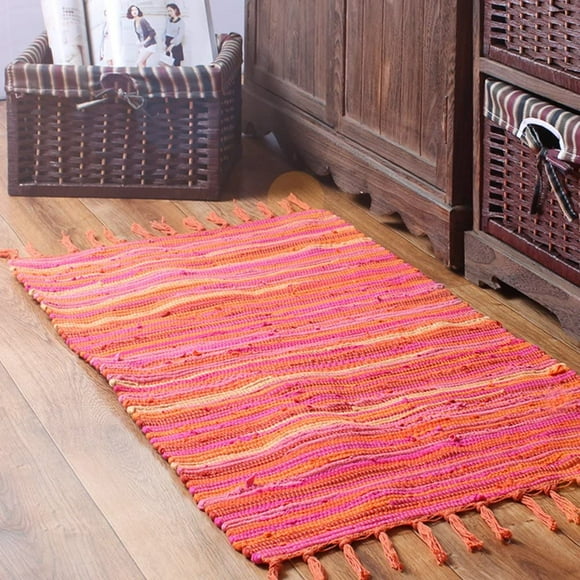 Nvzi Rag Rug, Machine Washable Cotton Reversible Rag Rug Hand Woven Multi Color Striped Area Rug Floor Rugs (20'' x 31", Orange)
