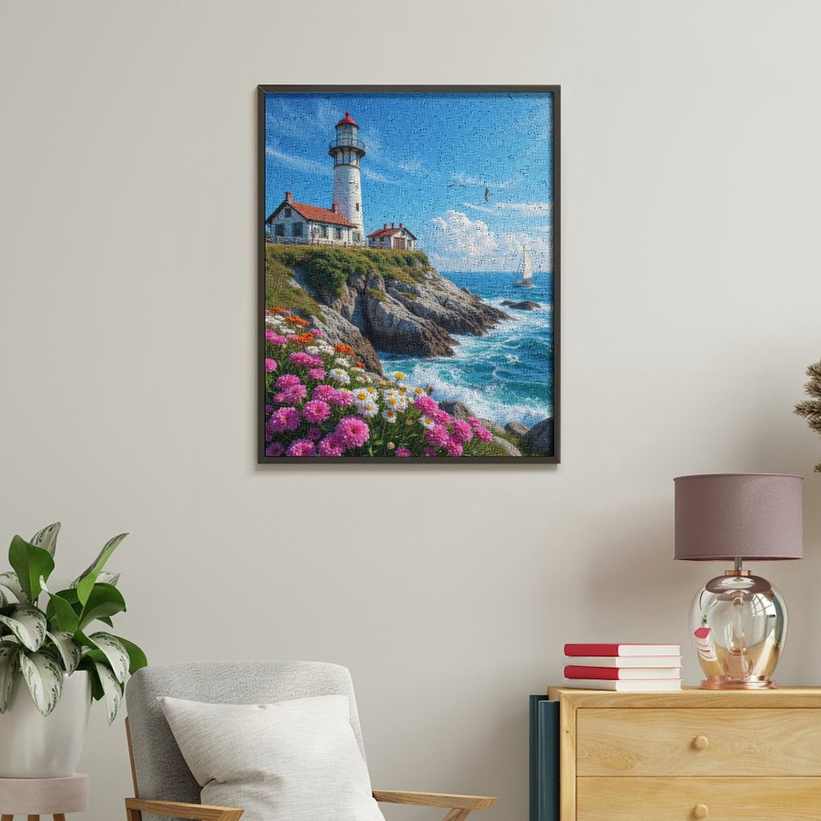 Paint By Numbers Kit for Adults Beginner - DIY Lighthouse Ocean Flowers Cliff Sailboat Canvas Painting Kits for Adults, Frameless Paint By Number for Adults for Home Wall Decor 16x20 Inch