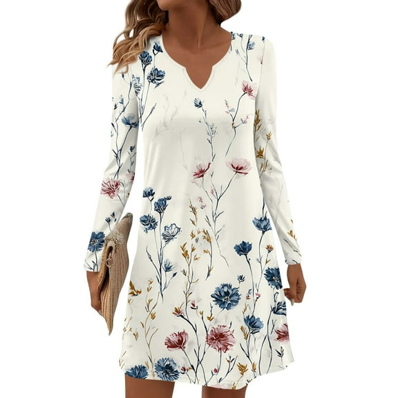 Women's Long-sleeved Casual Midi Dresses V-Neck Print Casual Dress