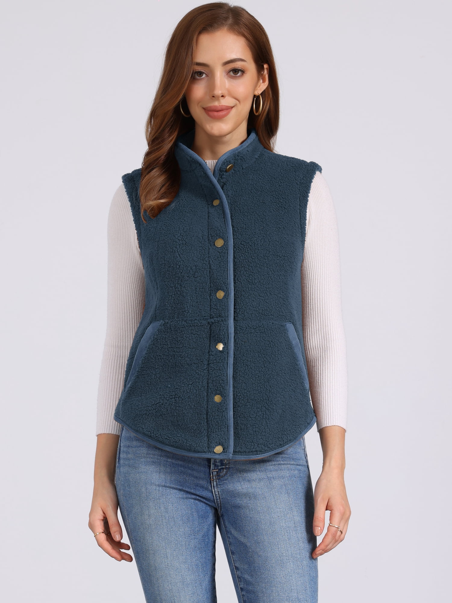 DARING DIVA Women's Fleece Button Down Jacket with Pockets Oversized Fuzzy Vests XS Dark Blue