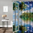 thumbnail image 2 of Creowell  Tropical Shower Curtain, Rippling Sea Palms and Exotic Village Scene Through Open Window, Cloth Fabric Bathroom Decor Set with Hooks,  Green and Sea Blue White, 2 of 7