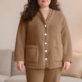 thumbnail image 2 of Women Fuzzy Fleece Jacket Sherpa V-neck Button Down Long Sleeve Winter Coat Plush Warm Sleepwear with Pockets, 2 of 8