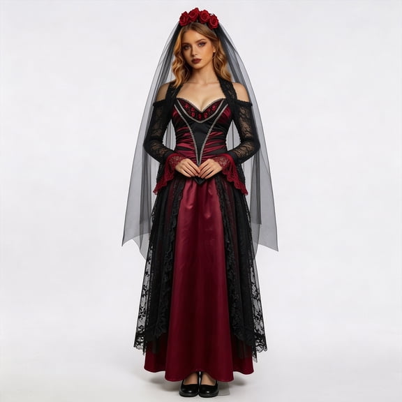 OSOLU Women's Halloween Dress Off Shoulder Design Lace Sleeve Lace Accent Outer Lace Layer Holiday Party Elegant Gown, Brick Red