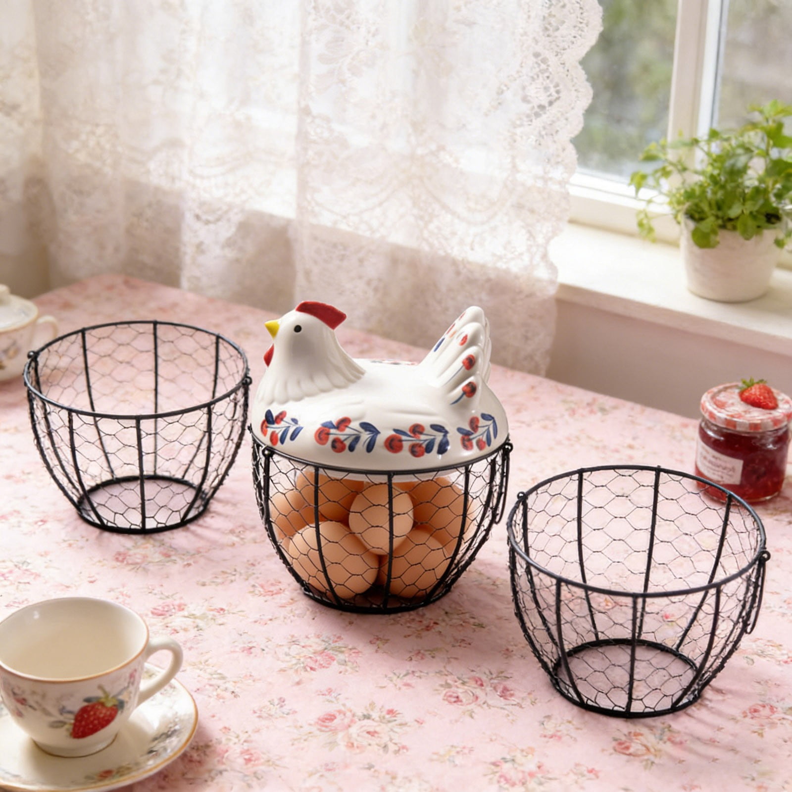 Farmhouse Egg Basket with Ceramic Lid, Black Wire Egg Holder for Fresh Eggs, Decorative Chicken Design Egg Storage Container, Kitchen Countertop Organizer Case for Eggs