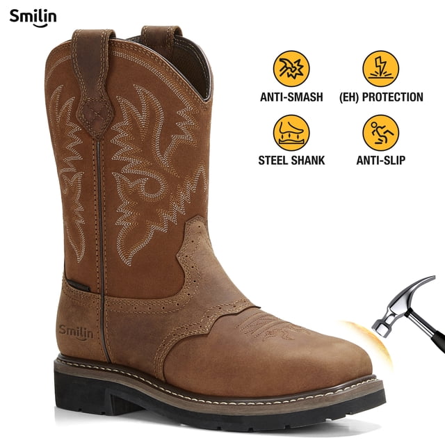 SMILIN Botas con Punta de Acero para Hombre, Botas de Trabajo Occidentales sin Cordones, Marrón, Talla 10,5