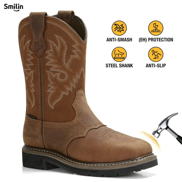 SMILIN Botas con Punta de Acero para Hombre, Botas de Trabajo Occidentales sin Cordones, Marrón, Talla 9.5