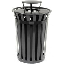 36 Gallon Outdoor Metal Slatted Trash Receptacle with Rain Bonnet Lid, Black