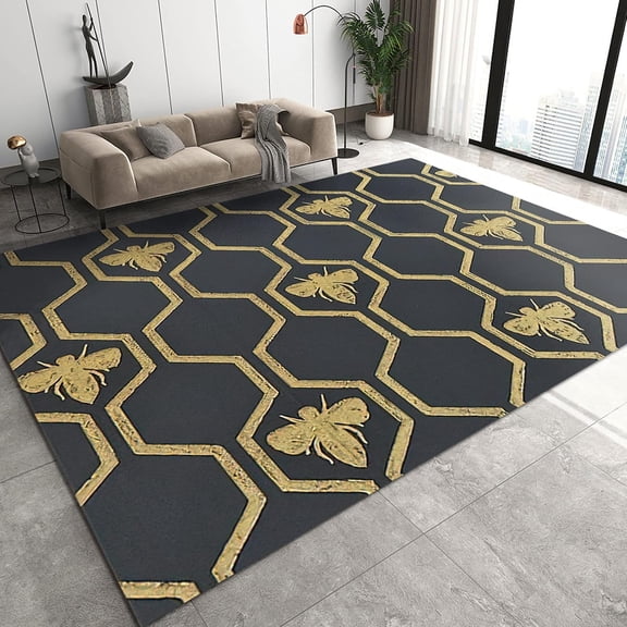 Luxurious Golden Lines Bedroom Rug, Simple Bee Honeycomb Pattern Area Rugs, Living Room Rugs Soft Feel Easy to Clean Apply to Hotels Entrance Door Family and Pet 2x3ft