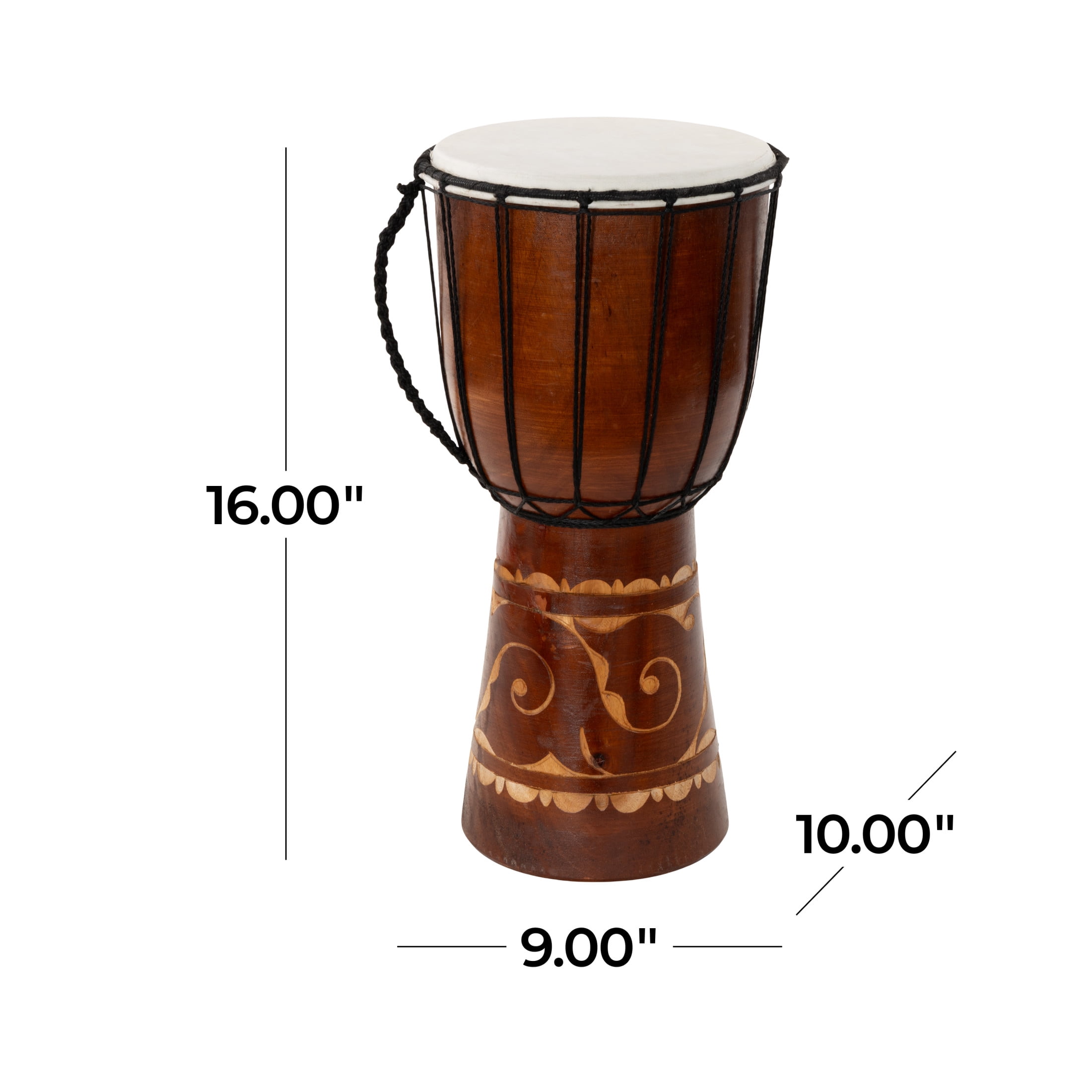 DecMode Eclectic Handmade Djembe Wood Drum Sculpture, 9"W x 16"H Features Ornate/Cow Leather Top Details and Polished Brown Finish
