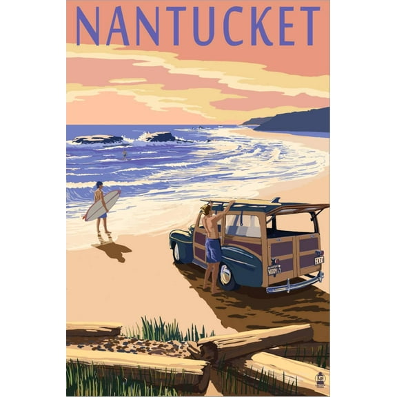 Art.com Nantucket, Massachusetts - Woody on Beach Stretched Canvas Print Wall Art by Lantern Press, 16" x 24"