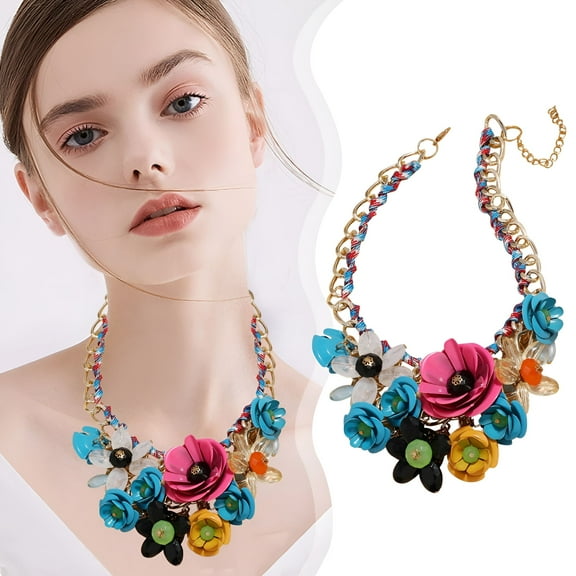 DESIGNICE Women Floral Chain Crystal Statement Bib Chunky Necklace Collar Fashion Jewelry
