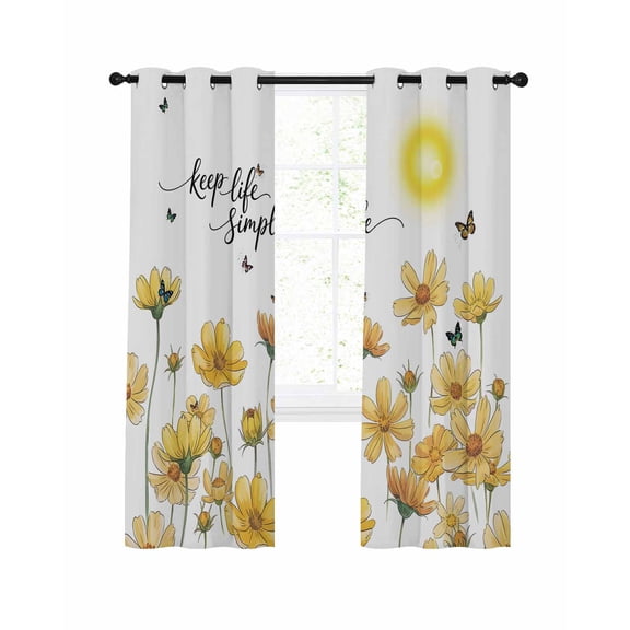 Sun Yellow Flowers Blackout Curtains for Bedroom Living Room, Keep Life Simple Butterflies Floral 63 In Long Thermal Insulated Room Darkening Drapes Grommet Window Treatments, 52 x 63 In