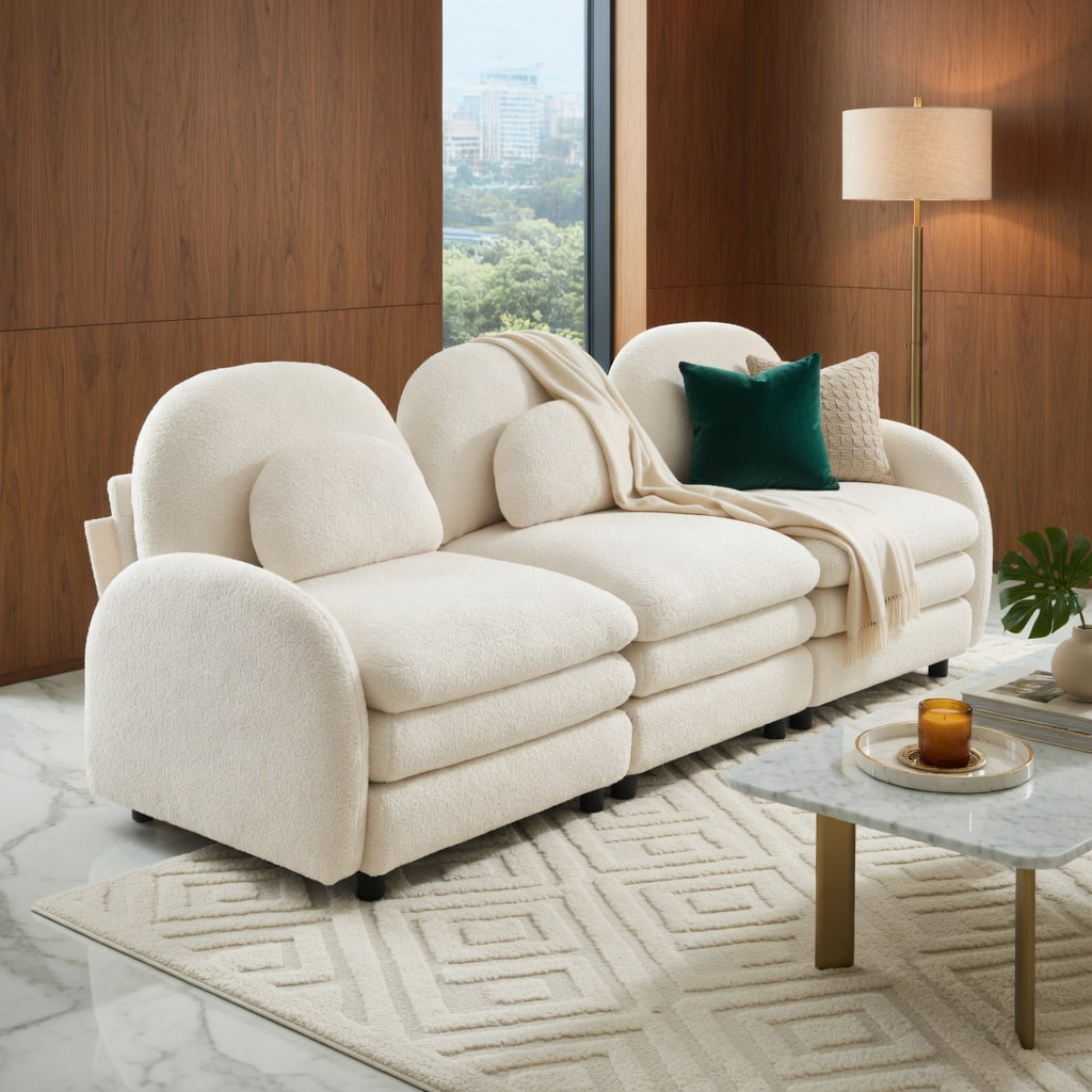 Hommoo Teddy Fleece 2-Seat Modular Loveseat Sofa with Curved Backrest, Removable Ottoman & Lumbar Pillows, Cloud-Like Comfort Sectional Couch, Beige