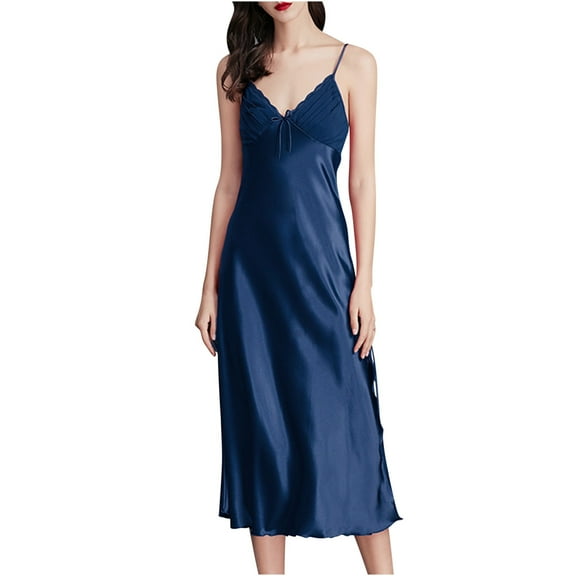 Jalioing Womens Oversized Cami Nightdress V-Neck Spaghetti Strap Nightgown Satin Long Pajamas Dress (Large, Navy)