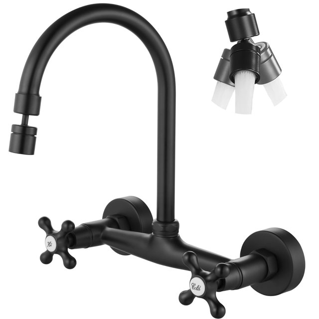 Airuida Grifo De Cocina Para Montaje En Pared Con Rociador, Grifo Para Fregadero De Cocina Montado En La Pared, Manijas Cruzadas Dobles, Caño Giratorio De 360 ??Grados, Grifo Mezclador Para Restaurant