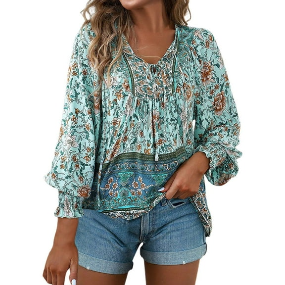 MNCEKFOD Button Down Shirts for Women Bohemian Trendy Printed V Neck Long Sleeve Shirt with Tie Summer Casual Basic Shirts Blue S