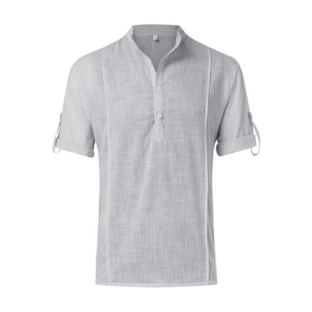 

MPWEGNP Mens Spring And Summer Solid Color Cotton And Linen With Holes And Lapels And Half Buttoned Short Sleeved Shirts Slubby Cotton Long Yoga Top Scrub Tee