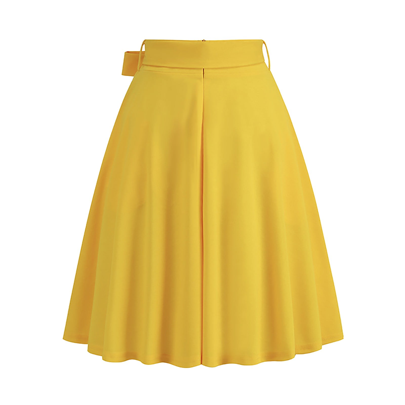 Knee Length Skirts for Women Ladies Solid Color Bow Belt Retro Pocket A Line Skirt Womens Skirts Summer Mini Skirt White Skirt (Yellow,L)