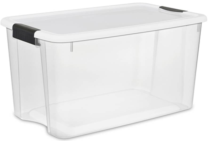 Photo 1 of **2 TOTES HAVE CORNER DAMAGE***
Sterilite 70 Quart Ultra Latch Storage Box with White Lid & See-Through Base