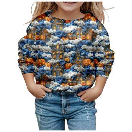

Bjutir Toddler Girls Sweatshirts Children Fashion Halloween Cute Printed Crew Neck Hoodless Long Sleeve Sweatshirt Sky Blue 11-12 Years