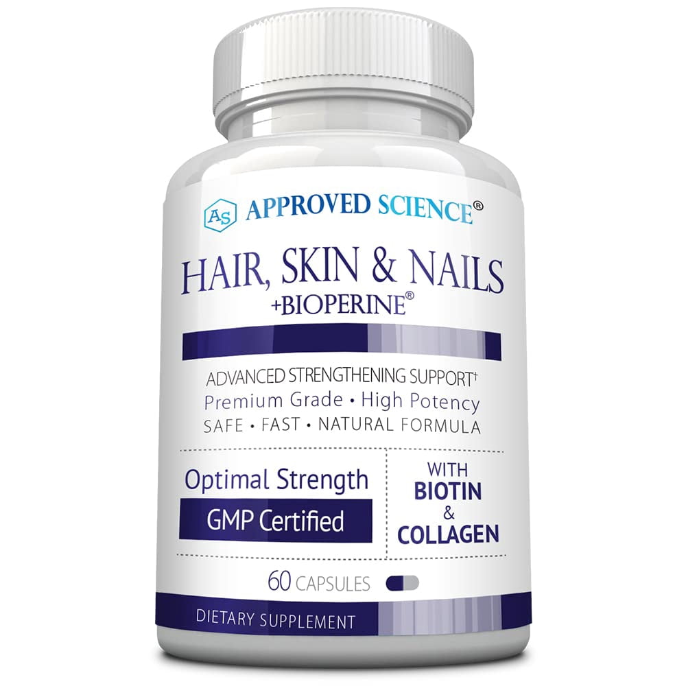 Approved Science Hair, Skin and Nails - Support Supplement - Biotin, Collagen, Vitamin B Complex, Silica, BioPerine - 60 Capsules - 1 Month Supply