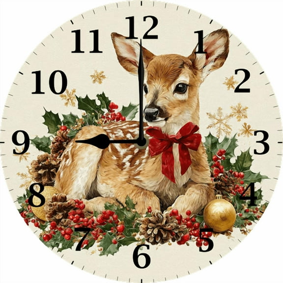 Eveokoki Christmas Fawn Wood Wall Clock Frameless Battery Operated Silent Quartz Rustic Farmhouse Round Vintage Clocks for Home Living Room Office Christmas Decorations 12 in
