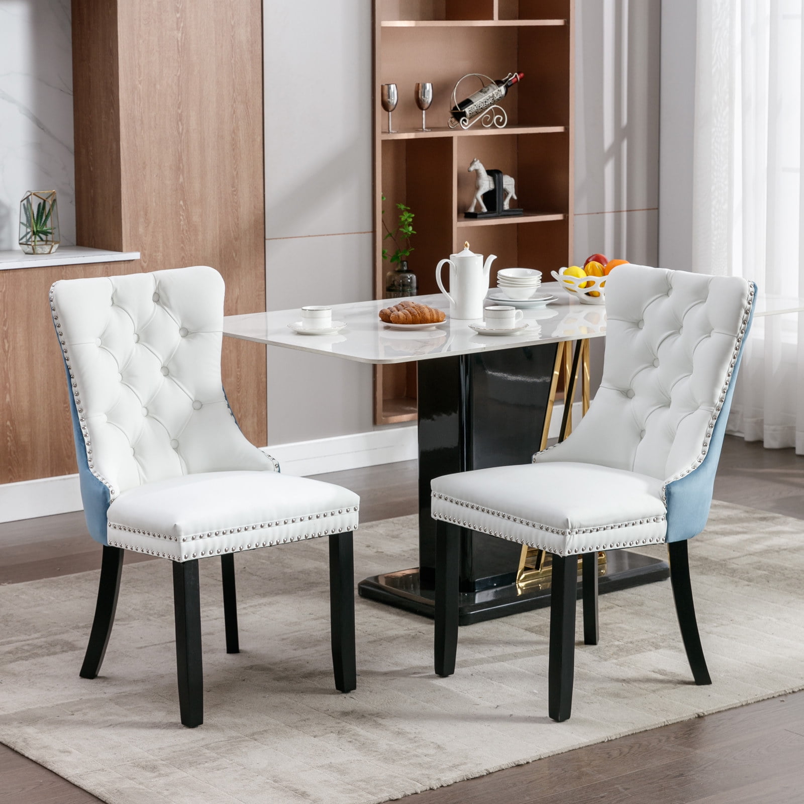 Gewnee 2-Pcs Set Modern High-End Tufted Solid Wood Contemporary PU and Velvet Upholstered White+Light Blue Dining Chair with Wood Legs Nailhead Trim