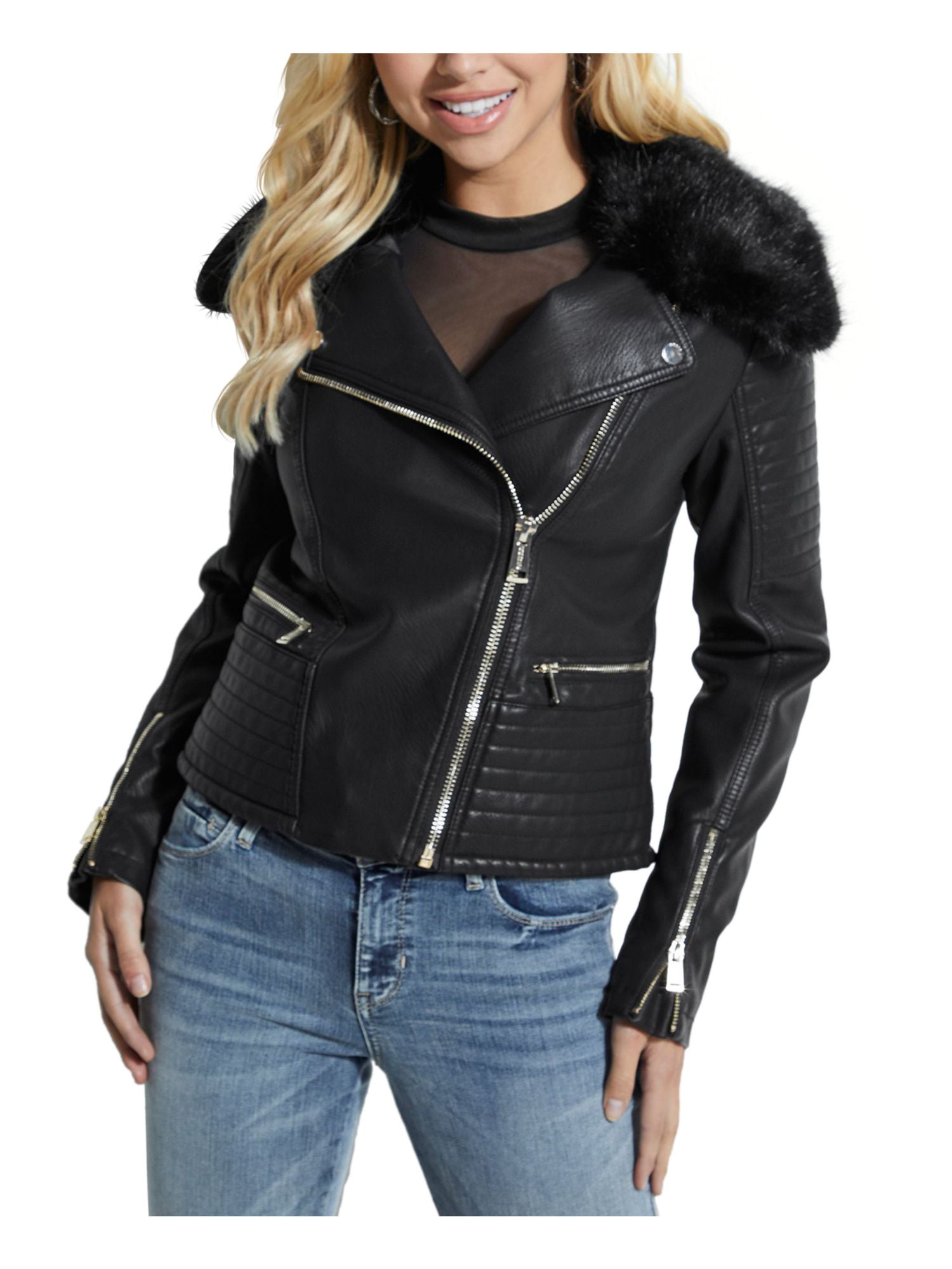 Tuesday Ten Pig GUESS $128 Womens New Black Faux Leather Faux Fur Motorcycle Jacket XS B+B  - Walmart.com