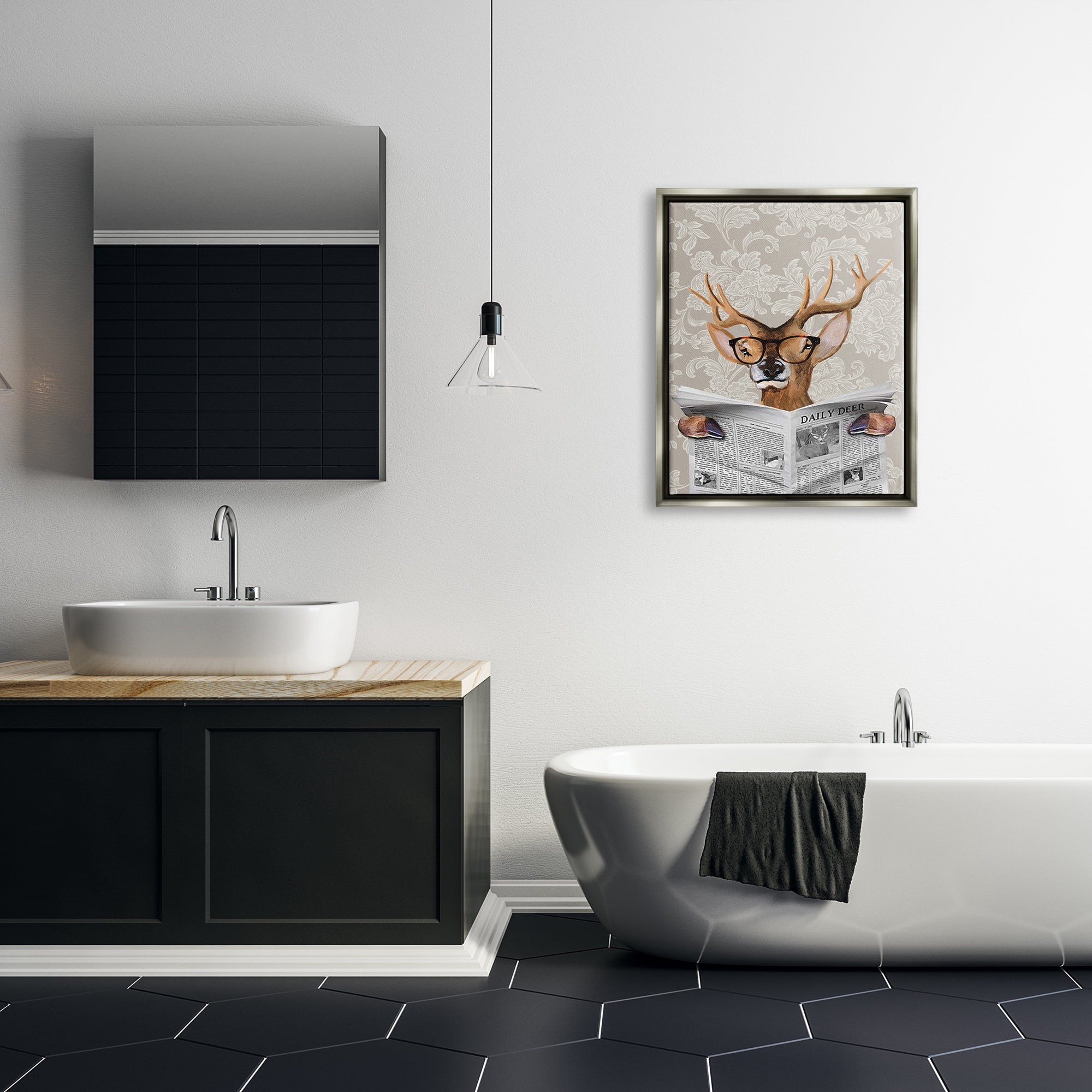 Stupell Industries Deer Reading Newspaper With Big Glasses Luster Gray Framed Floating Canvas Wall Art, 24x30, by Coco de Paris