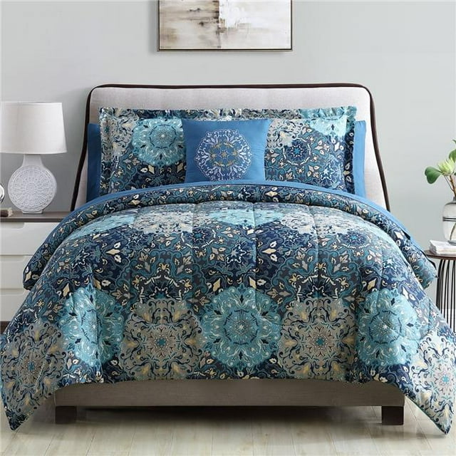 Benzara BM202759 Caen California Très Grand Size Imprimé Ensemble de Lit Réversible & 44; Bleu - 8 Pièces