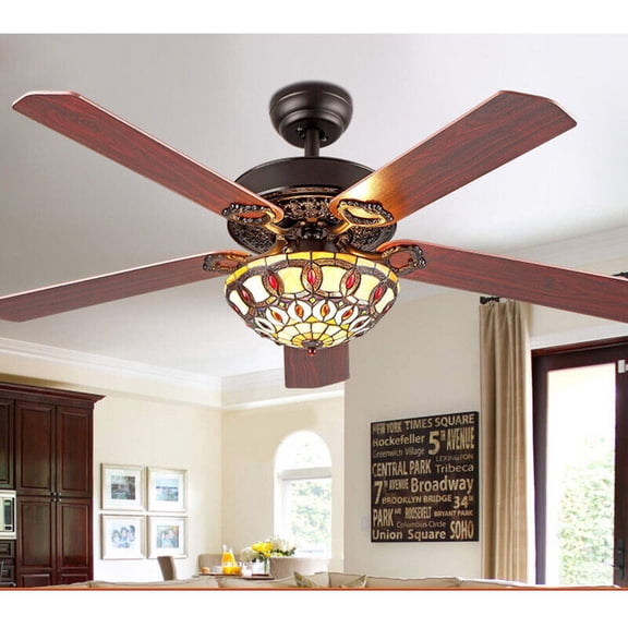 Fichiouy 52" Simple Chandelier Fan Lamp Light 5 Wood Blades with Remote Control