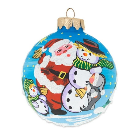 Snowman Glass Ball - Santa and Two Snowman Glass Ball Christmas Ornament 3.25 Inches