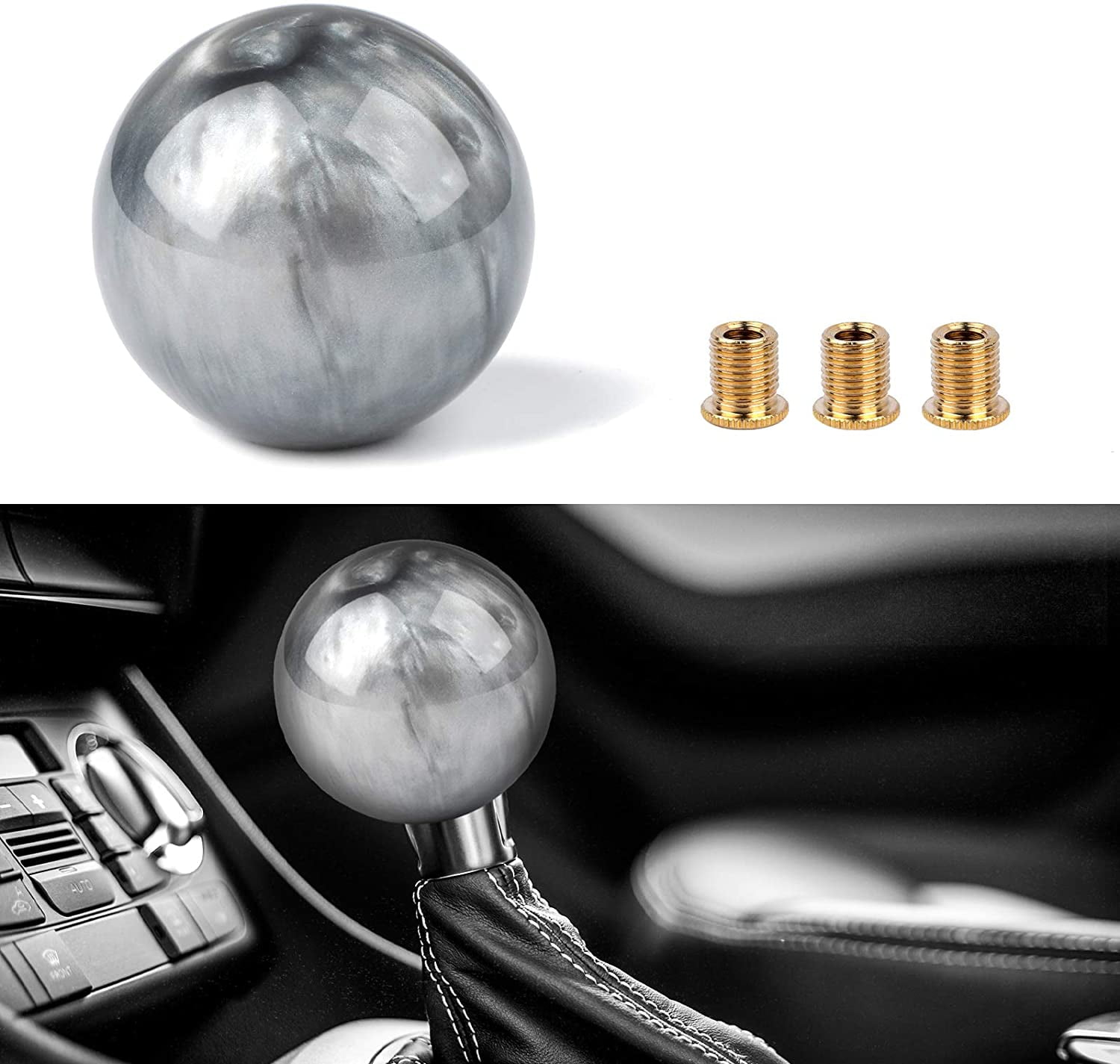 Gray YASUOA Marble Style Round Ball Gear Shift Knob Acrylic Shifter Knobs Stick Shift Knobs with 3 Adapters Universal Fit for Manual Car 