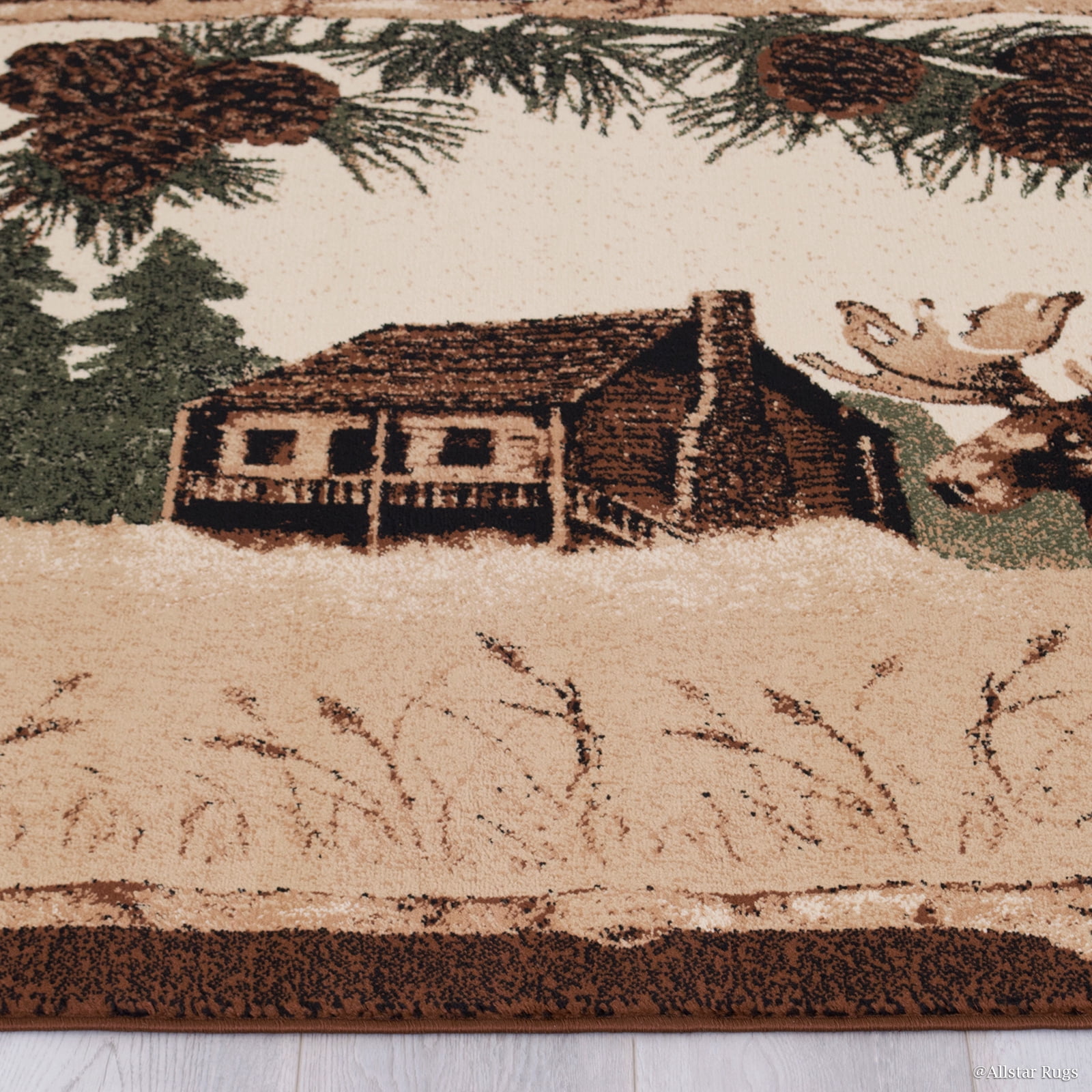 Brown Nature Wildlife Outdoor Cabin Bear with Fish Area Rug (3' 9" x 5' 1")