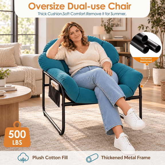 Oversized Blue Accent Chair, Modern Comfy Lounge Armchair with Removable Cushion, Metal Frame Single Sofa Chair for Living Room Bedroom