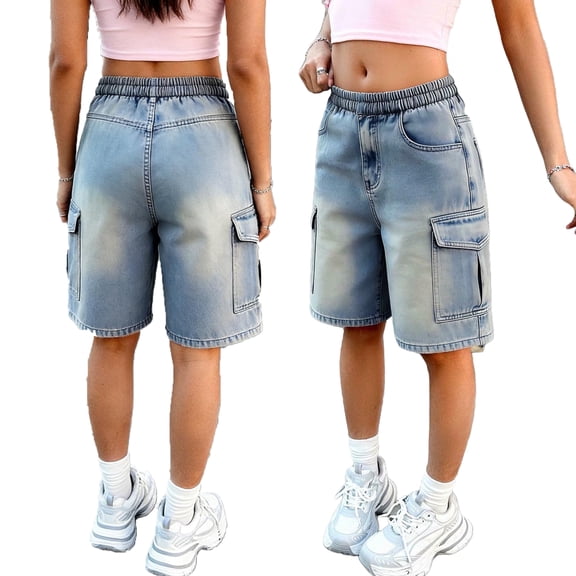 Tqyyweavej Kids, Boys and Girls Cargo Jean Shorts Pull On Straight Leg Bermuda Shorts Elastic Waist Washed Denim Shorts with Pockets 5-15Y