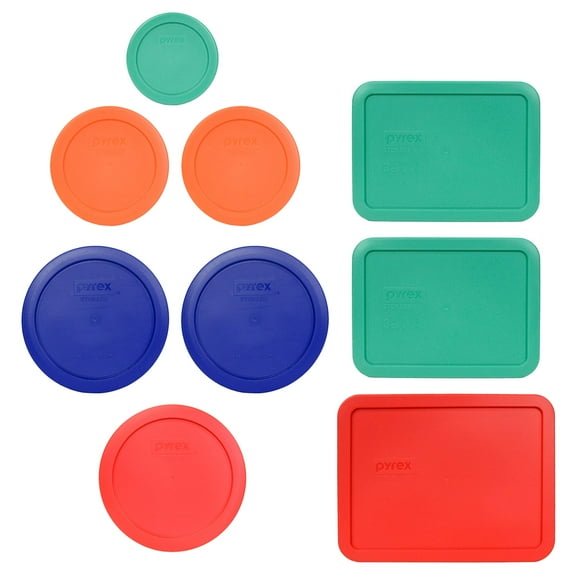 Pyrex (1) 7202-Pc 1 cup green (2) 7200-Pc 2 cup Orange (2) 7201-Pc 4 cup cadet Blue (1) 7201-Pc 4 cup Red (2) 7210-Pc 3 cup Light green (1) 7211-Pc 6 cup Red Food Storage Replacement Lids