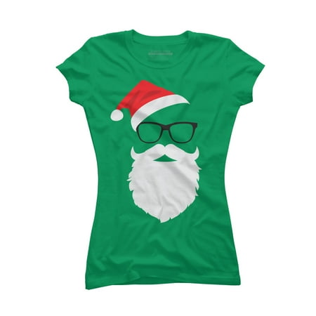 Hipster Santa Face with Hat beard & Glasses Christmas Juniors Kelly Green Graphic Tee - Design By Humans S