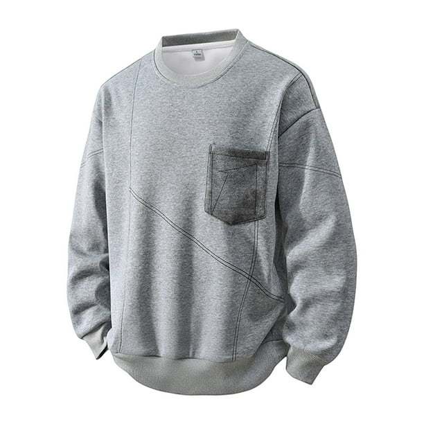 pstuiky camisa de manga larga para hombre, Sudadera con capucha y bolsillo de cuello redondo y manga larga de color liso para hombre camisetas de hombre m