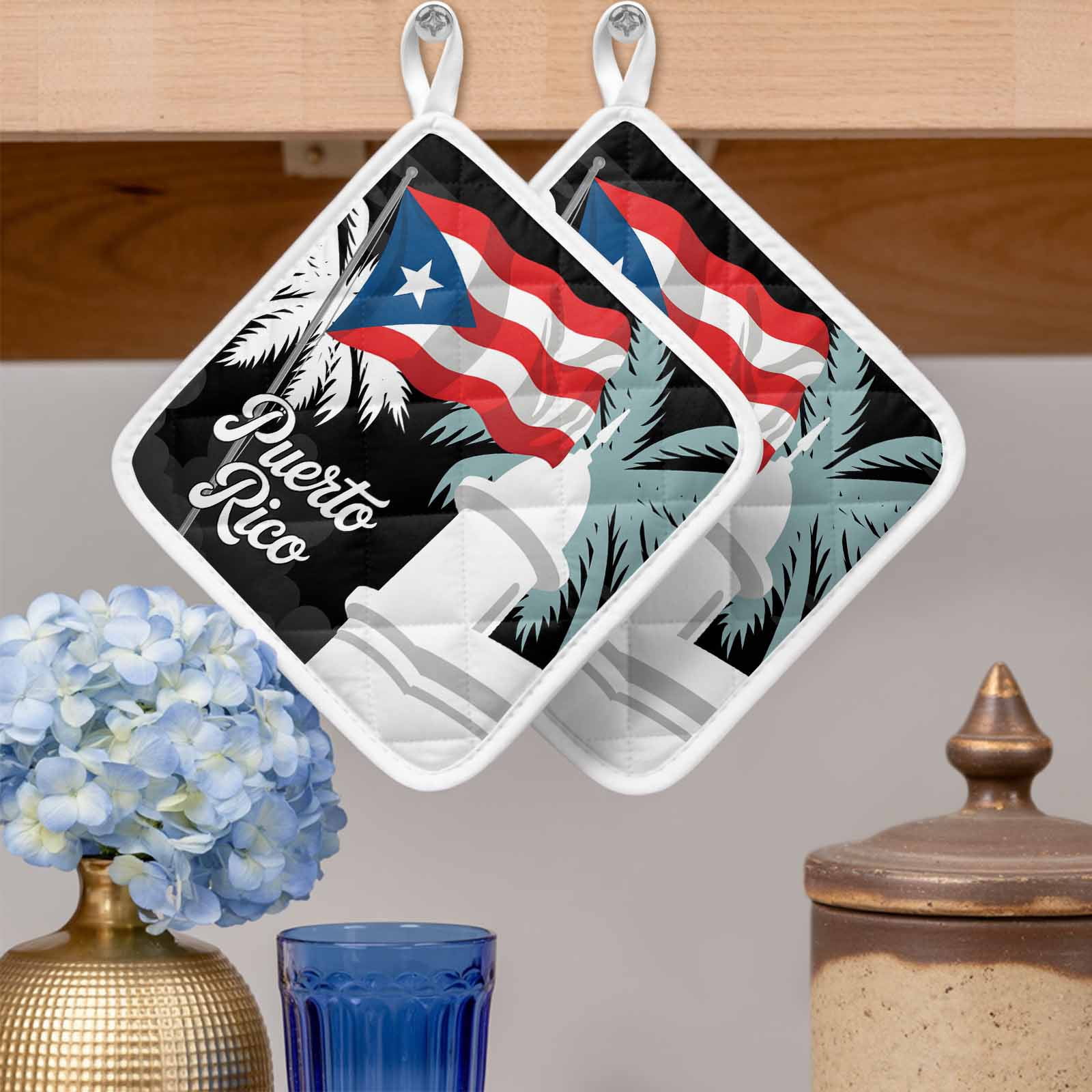 Puerto Rico Flag Pot Holders for Kitchen Heatproof Potholder, 5 Pack Modern Art Palm Tree American Flags Hot Pads Multipurpose Oven Pads Cloth Potholders Trivet for Cooking Baking