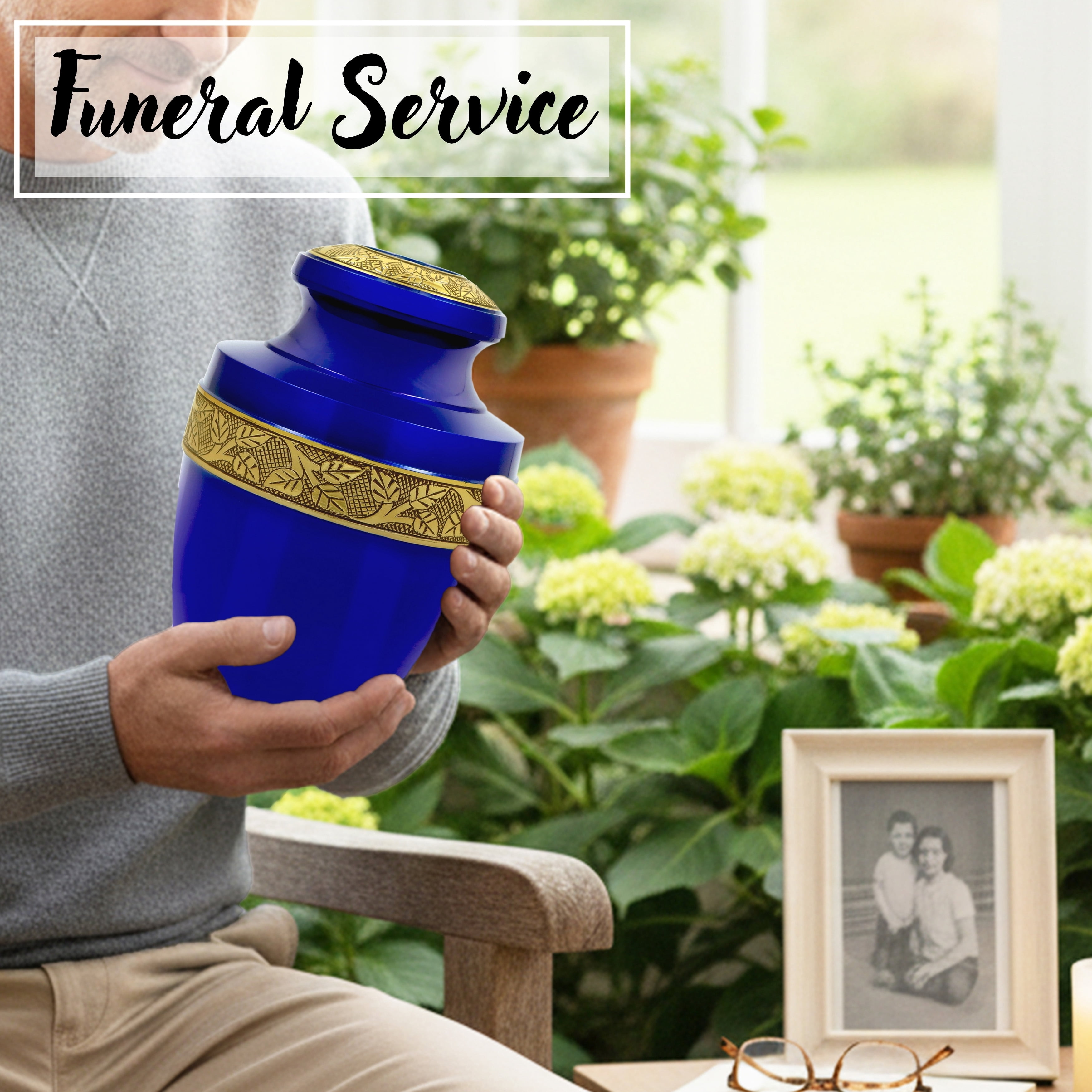 Handcrafted Aluminum Urn - Decorative Memorial Holder for Ashes and Remembrance (Sapphire & Royal Gold)