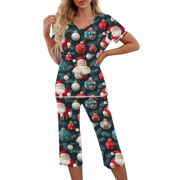 Puntoco Pijamas para mujer Conjunto de pijama con estampado navideño, cuello redondo, botones, manga corta y cintura elástica con bolsillos y pantalón