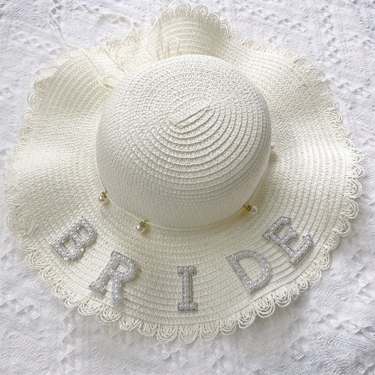 Women\'s Straw Wide Brim Sun Hat with Pearl Letter Patch for Bridal Wedding Straw Weaving Brides Hat with Pearl BRIDE/MRS Letter Wedding  main image 3