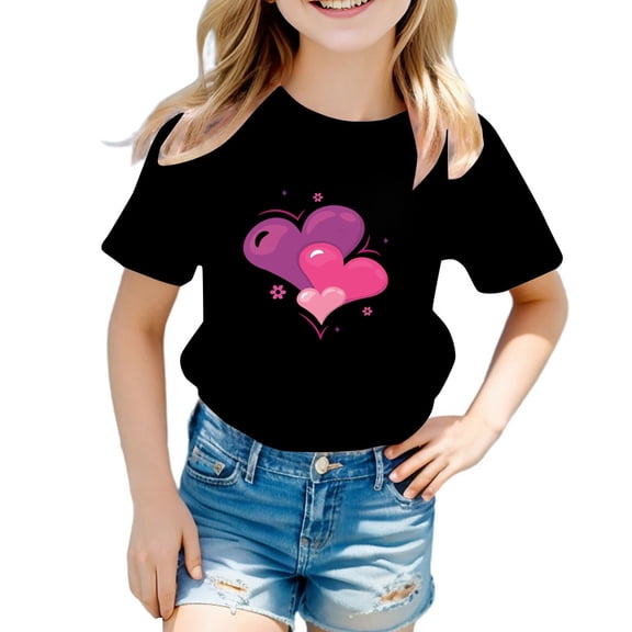Hiijoy Toddler Girls Short Sleeve T-Shirt Hearts Print Summer Casual Tshirt Tee, Sizes 3-13
