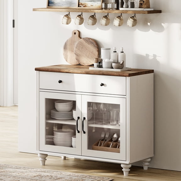 34" White Glass Door Buffet Cabinet with Drawer, Farmhouse Sideboard with Storage