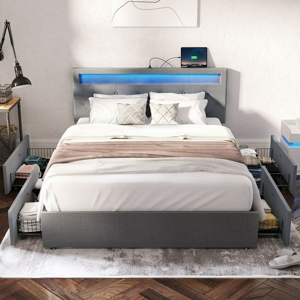 Rolanstar Bed Frame with USB Charging Station and LED Lights