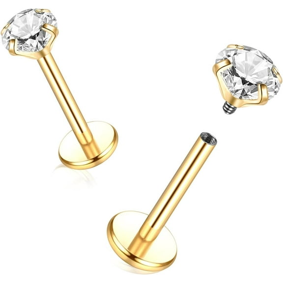 Titanium Flat Back Studs Earrings for Tragus Cartilage Piercing Jewelry Internally Threaded Nose Rings Studs 18G 16G, Silver/Gold, 2PCS