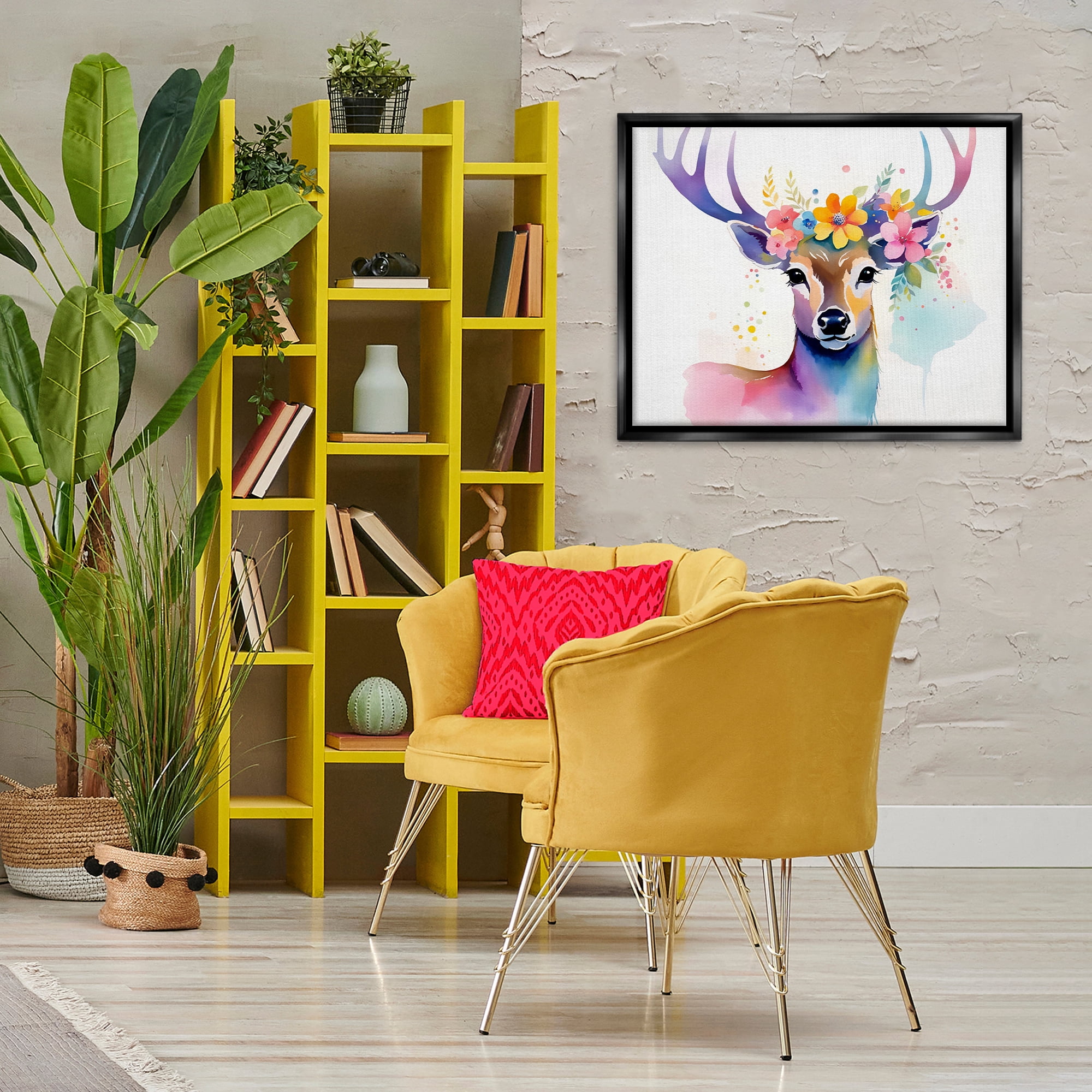 Stupell Industries Floral Garland Deer Animals & Insects Painting Black Floater Framed Canvas Art Print Wall Art, 31 x 25