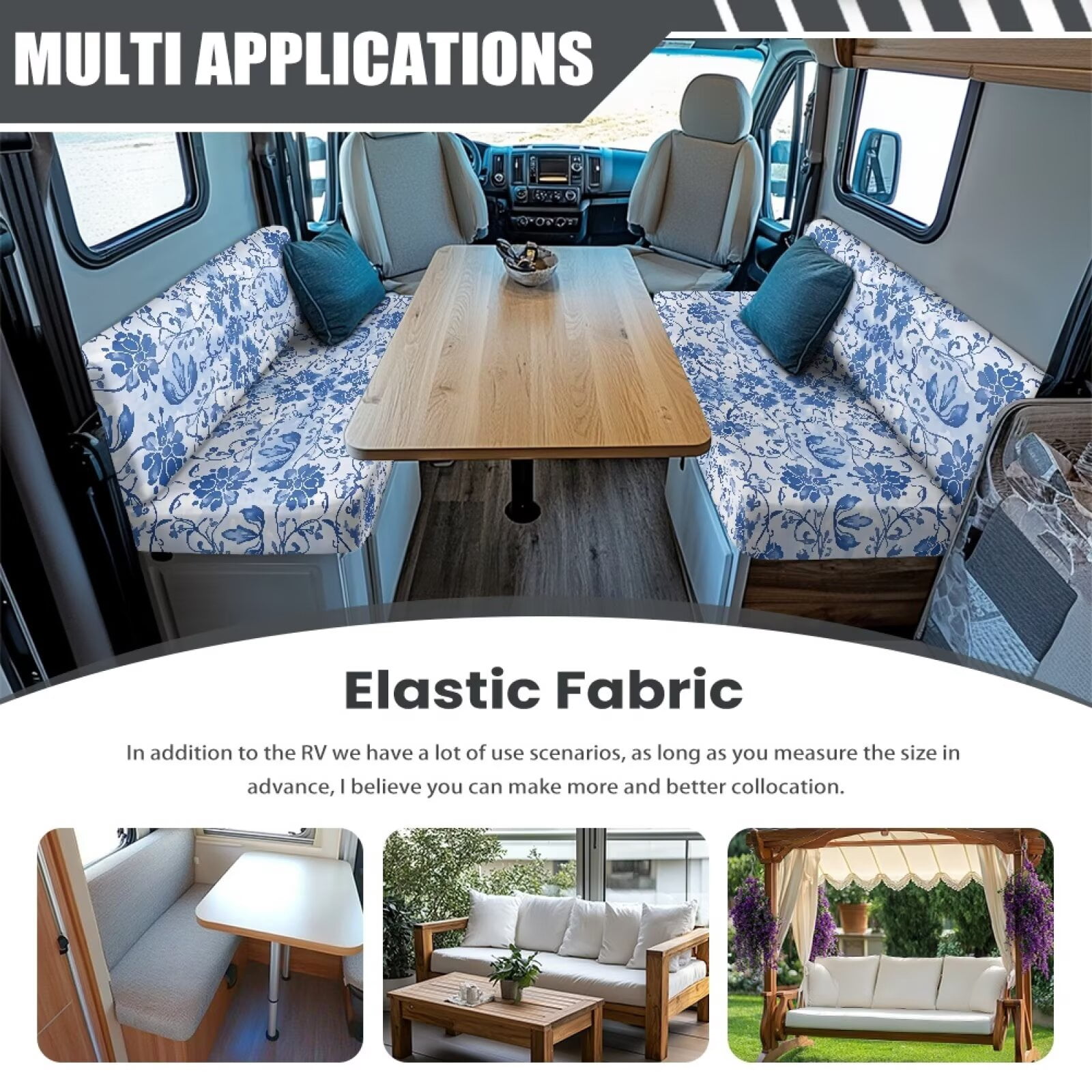 Boatee Beautiful Flower Patterns RV Dinette Cushion Covers Washable RV Furniture Comfortable Loveseat Sofa Chair Cover Furniture Protector Easy to Install Blue
